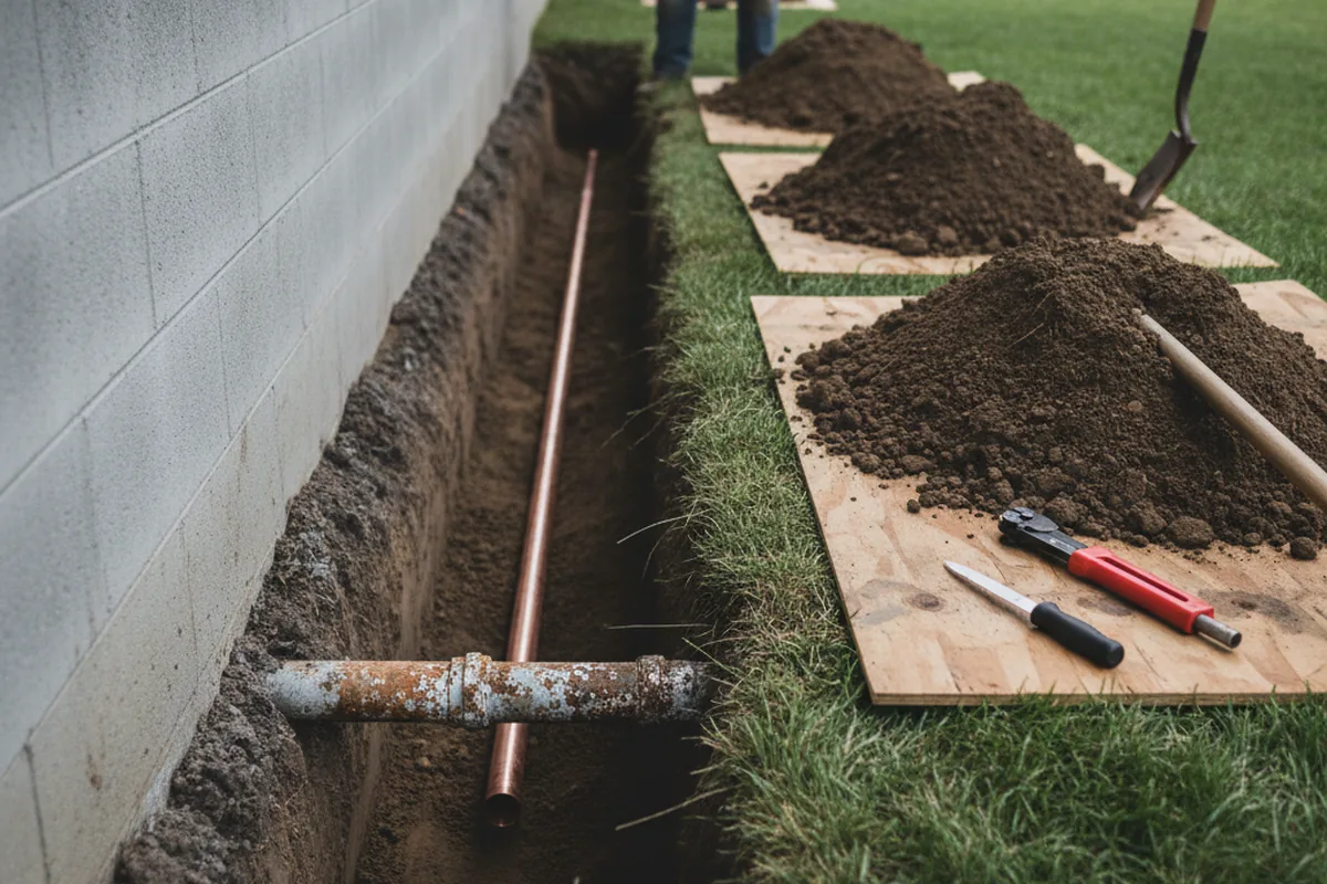 Excavated water line trench during Sewer Line Repair in Mount Berry
